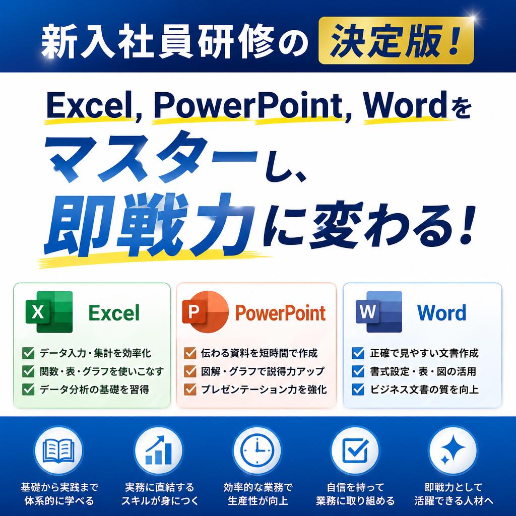 新入社員研修の決定版！Excel, PowerPoint, Wordをマスターし、即戦力に変わる！